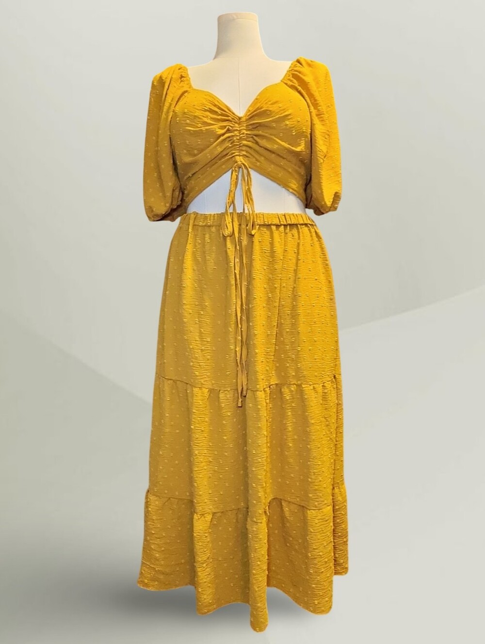 Mustard Yellow Ruched Tiered Maxi Set 3X Tie Adjustment Polka Dot Texture Detail